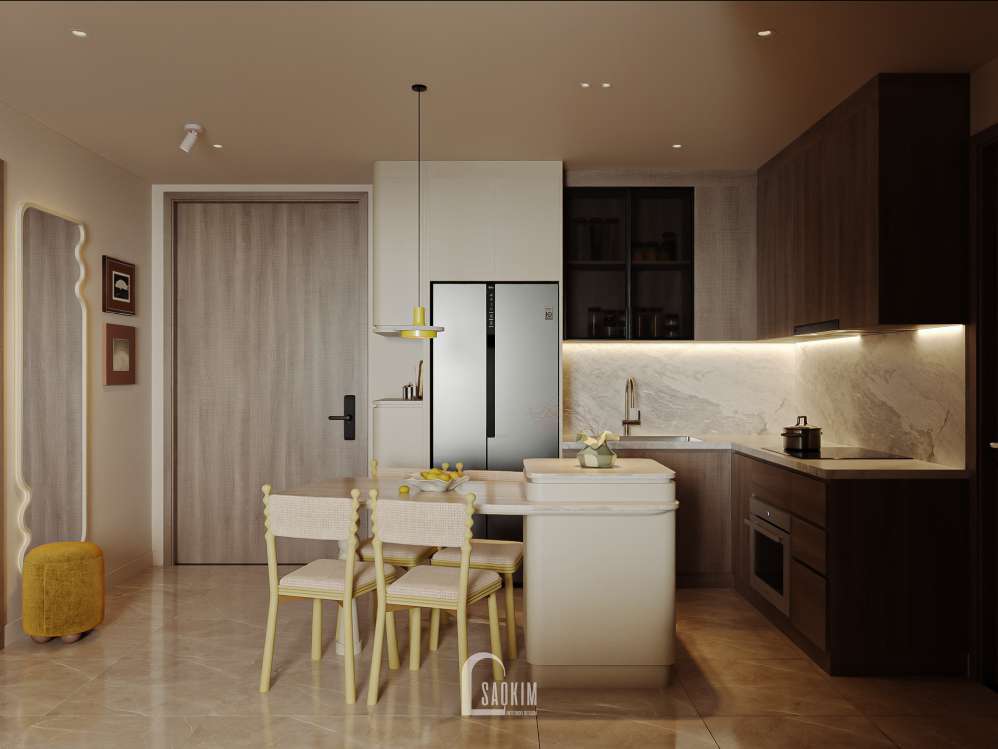 Thiết kế nội thất phòng bếp chung cư phong cách Modern Retro dự án Lumière Evergreen - Sự chuyển tiếp giữa hiện đại và những sắc màu hoài niệm